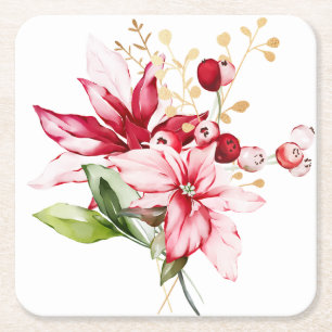 Wintervakantie rode poinsettia waterverf bloemen vierkante kartonnen onderzetter