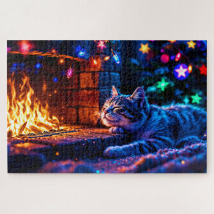 Wintervakantie schattige kat kerstverlichting legpuzzel