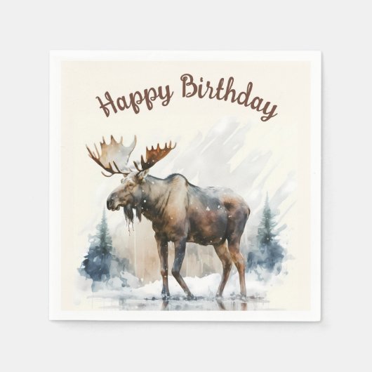 Wintervibes Waterverf Moose - Verjaardagsfeest - Servet (Voorkant)