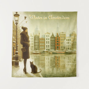 Wintervieringen in de sneeuw, met katjes wandkleed