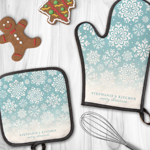 Wintervlokken op Blauwe Cute Ombre Kerstmis Ovenwant & Pannenlap Set
