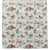 Wintervogels en dennentakken patroon douchegordijn (Voorkant)