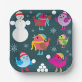 Wintervogels spelen in de sneeuw met sneeuwman papieren bordje (Voorkant)