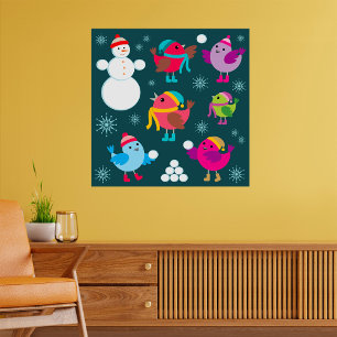 Wintervogels spelen in de sneeuw met sneeuwman poster