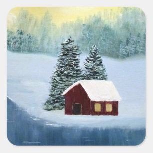 Wintervredeslandschap Bevroren Cabin Scene Vierkante Sticker