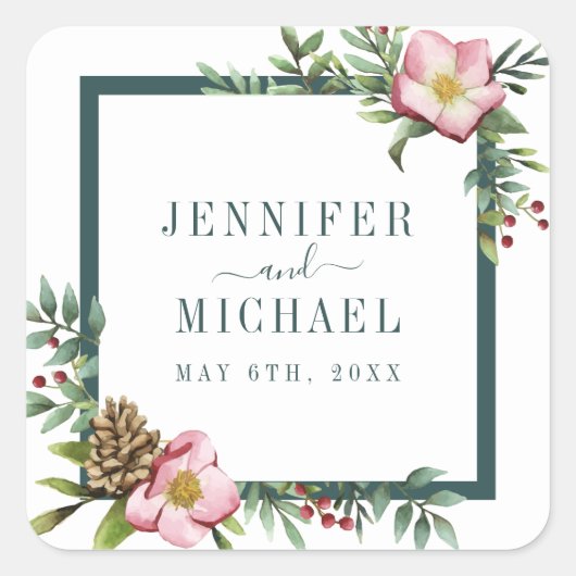WinterWaterverf Kerstmis Roos Groenen Vierkante Sticker (Voorkant)