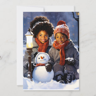 Winterwonderen: Kinder en hun sneeuwmancreatie Feestdagenkaart