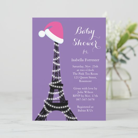 Wintery Eiffel Tower Baby shower Uitnodiging paars (Staand voorkant)