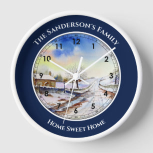 Wintery Lane Waterverf met Romeinse cijfers Large 