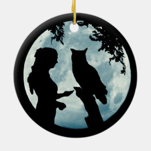 Winterzonnewende meisje en uil maan keramisch ornament