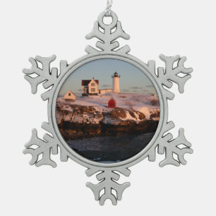 Winterzonsondergang bij Nubble Light Tin Sneeuwvlok Ornament