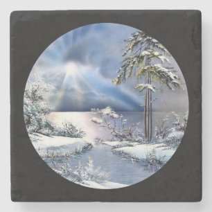 Winterzonsondergang over het water stenen onderzetter