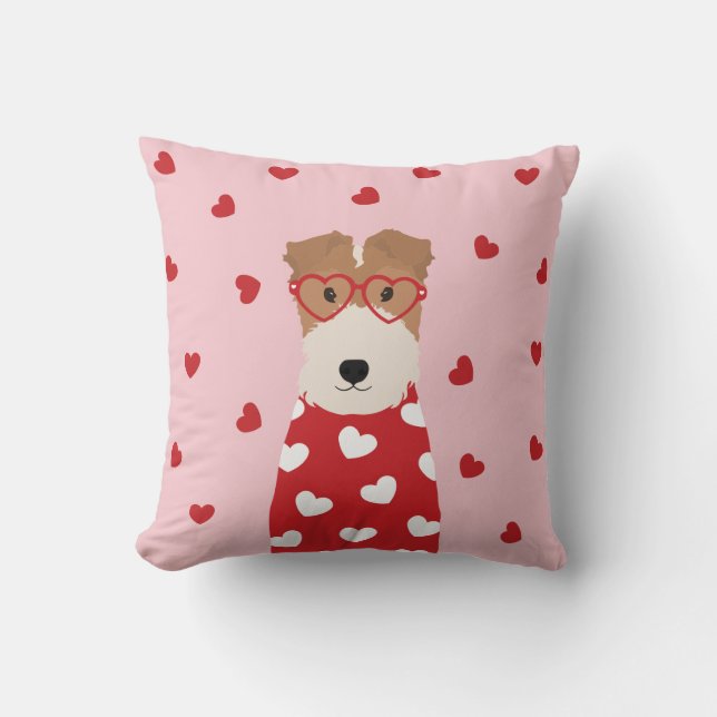 Wire Fox Terrier Dog Heart Glasses Roze Rood Kussen (Voorkant)