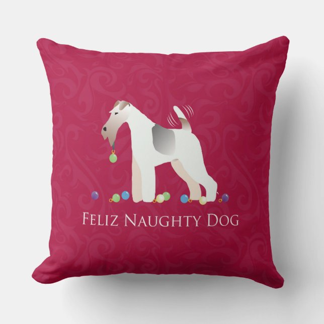 Wire Fox Terrier Feliz Naughty Dog Kerstmis Kussen (Voorkant)