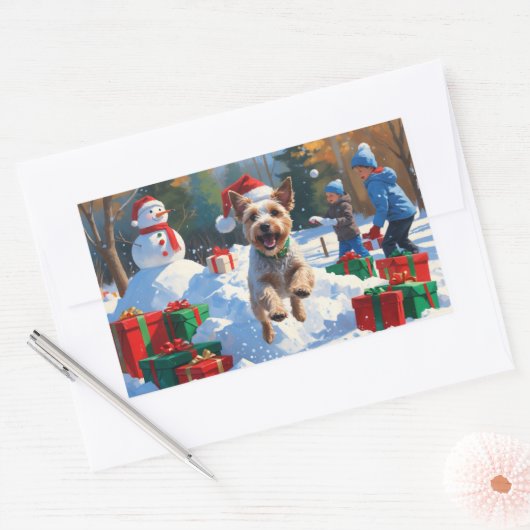 Wire Fox Terrier Hardloopsneeuw met kerst Pet Rechthoekige Sticker (Envelop)