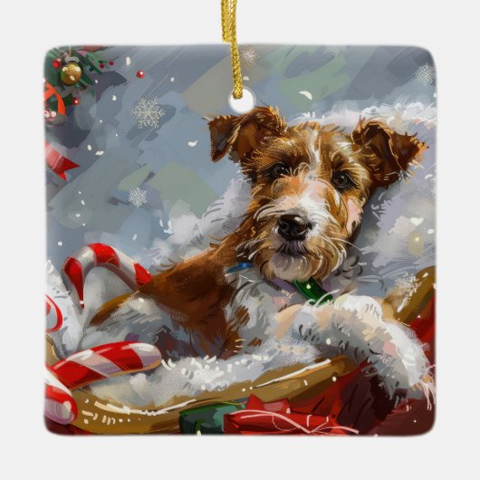 Wire Fox Terrier Hond Kerstfeest Keramisch Ornament (Voorkant)