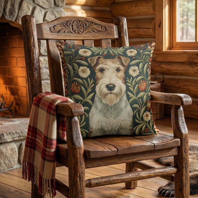 Wire Fox Terrier in William Morris Floral Style Kussen (Approximates 20 inch size.)