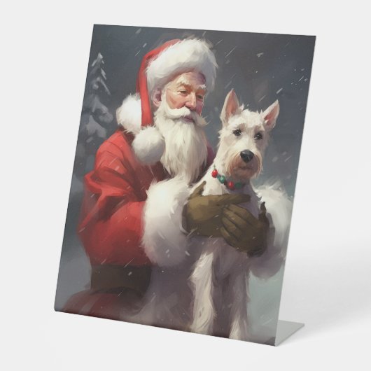 Wire Fox Terrier Kerstman Feestelijke Kerstmis Reclamebord Met Voetstuk (Voorkant)