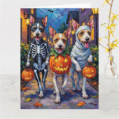 Wire Fox Terrier Trick-or-Treating Halloween Kaart (Gele Bloem)