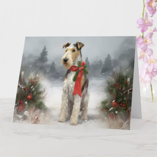 Wirefox Terrier Hond in Sneeuw Kerstmis Kaart (Orchidee)