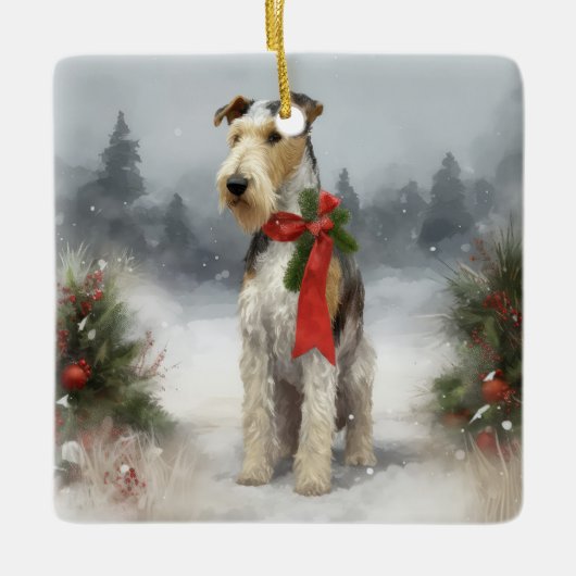 Wirefox Terrier Hond in Sneeuw Kerstmis Keramisch Ornament (Voorkant)