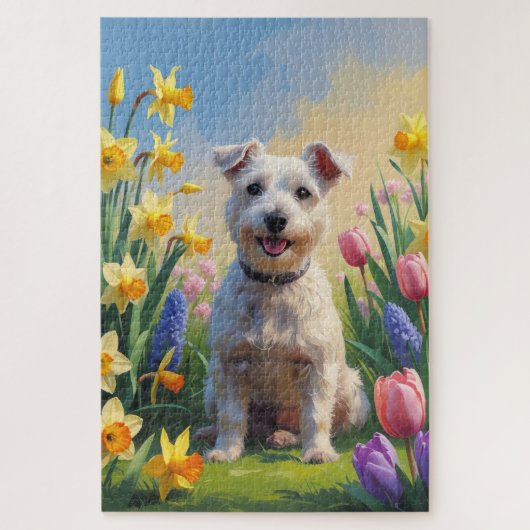 Wirefox Terrier Hond Spring Bloemen Schilderen Legpuzzel (Verticaal)