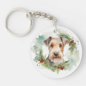 Wirefox Terrier Kerstkrans Feestelijke Pup Sleutelhanger (Voorkant)
