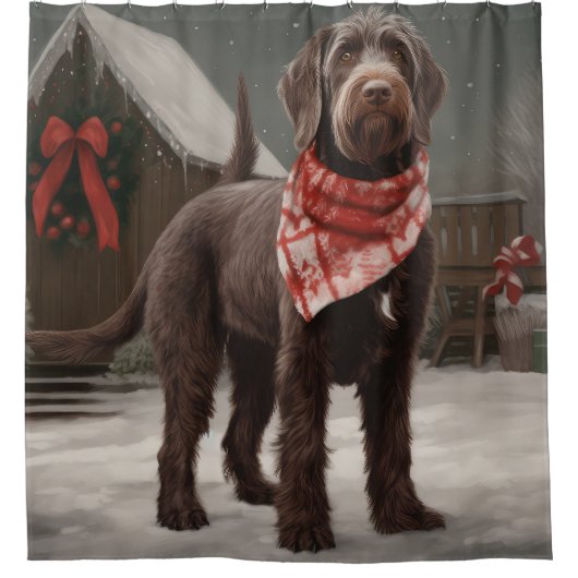 Wirehaired Pointing Dog in Sneeuw Kerstmis Douchegordijn (Voorkant)