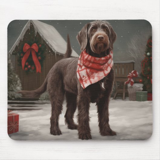 Wirehaired Pointing Dog in Sneeuw Kerstmis Muismat (Voorkant)