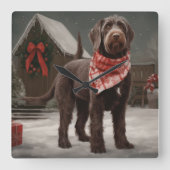 Wirehaired Pointing Dog in Sneeuw Kerstmis Vierkante Klok (Voorkant)