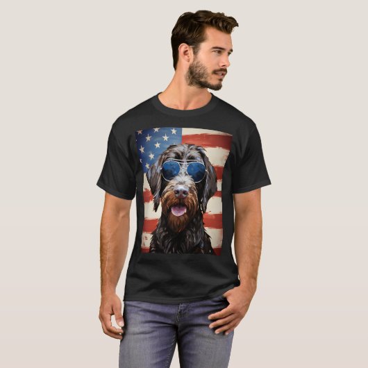 Wirehaired Pointing Griffon 4th Juli Amerikaanse v T-shirt (Voorkant volledig)