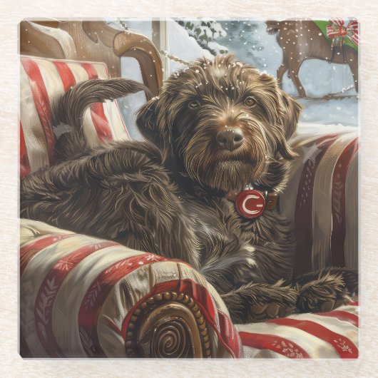 Wirehaired Pointing Griffon Dog Kerstfeest Glazen Onderzetter (Voorkant)