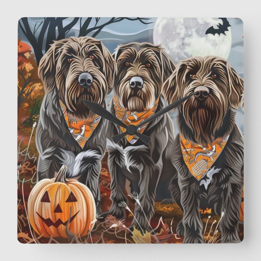 Wirehaired Pointing Griffon Halloween Spooky Vierkante Klok (Voorkant)