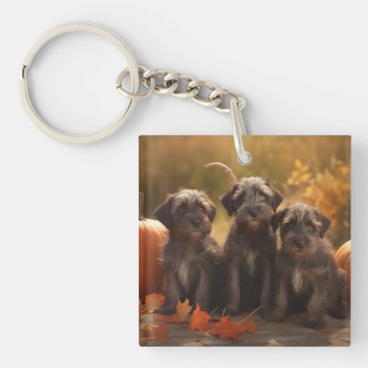 Wirehaired Pointing Griffon Puppy Autumn Sleutelhanger (Voorkant)