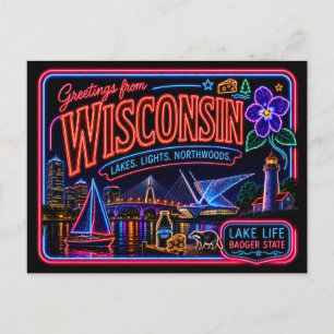 Wisconsin Neon Staat Retro Vintage Briefkaart