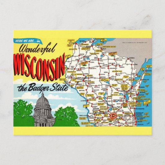 Wisconsin Staatskaart Briefkaart (Voorkant)