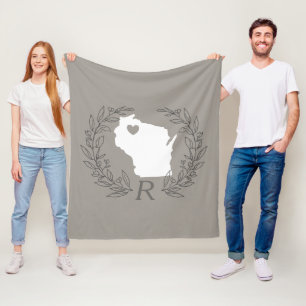 Wisconsin state map wreatblad monogram fleece deken