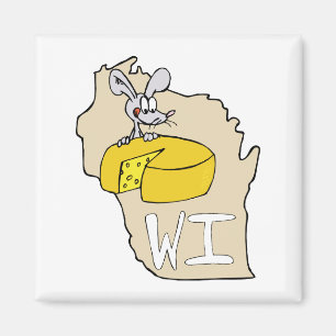 Wisconsin WI Kaart & Cheese Mouse Cartoon Kunst Magneet