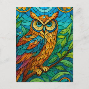 Wisdom in Glas Gebrandschilderde Uil met Bloemen Briefkaart