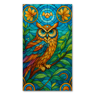 Wisdom in Glas Gebrandschilderde Uil met Bloemen  Magnetisch Visitekaartje