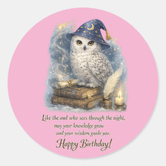 Wisdom & Knowledge Snow Owl Happy Birthday Ronde Sticker