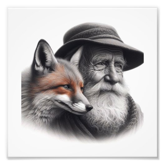 Wisdom & Wild: Ouder Man met Fox Wall Art Foto Afdruk (Voorkant)