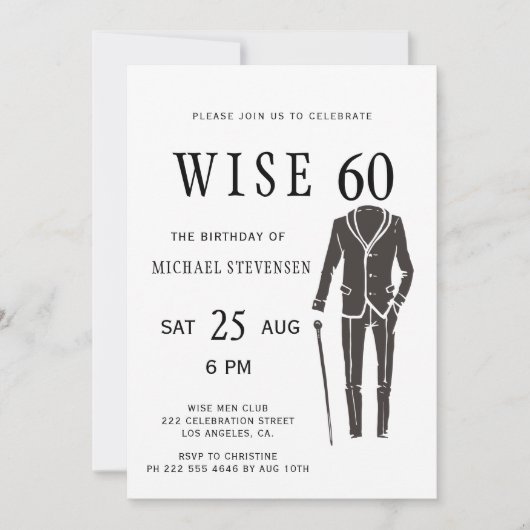 Wise 60 zwart-wit formeel man verjaardagsfeestje kaart (Voorkant)