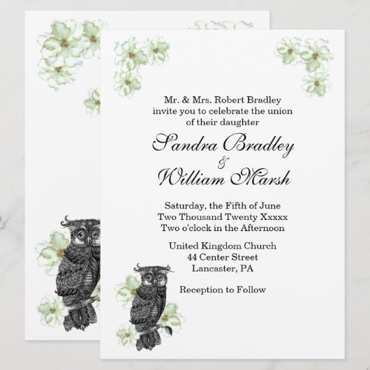 Wise Owl Green Flowers Wedding Invitation Kaart (Voorkant / Achterkant)