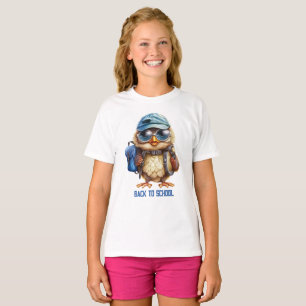 Wise Uil met blauwe rugzak, petten en een oogglas, T-shirt