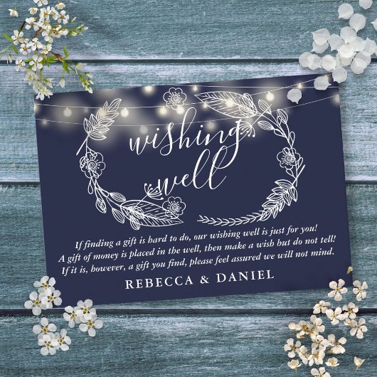 Wishing Well String Lights Navy Blue Bruiloft Informatiekaartje