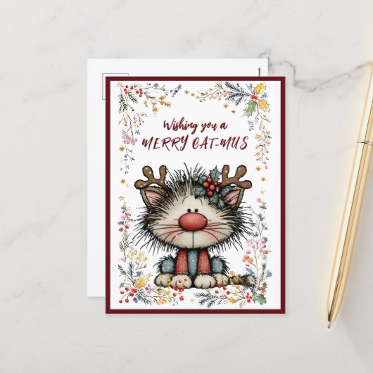 Wishing You A Merry CAT-MUS Holiday Postcard Feestdagenkaart (Voorkant / Achterkant in situ)