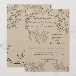 Wispy Black Floral Contouren op Kraft Wedding Kaart