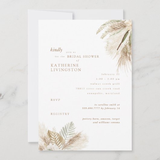 Wispy Boho Pampas White Bridal Showeuse Invitation (Devant)