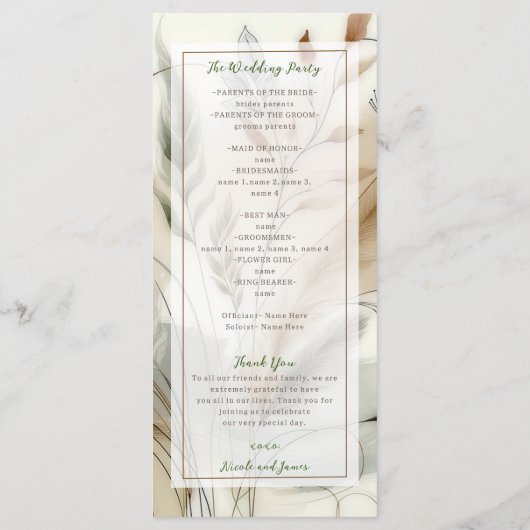 Wispy groen moderne botanische boho bruiloft programma (Achterkant)